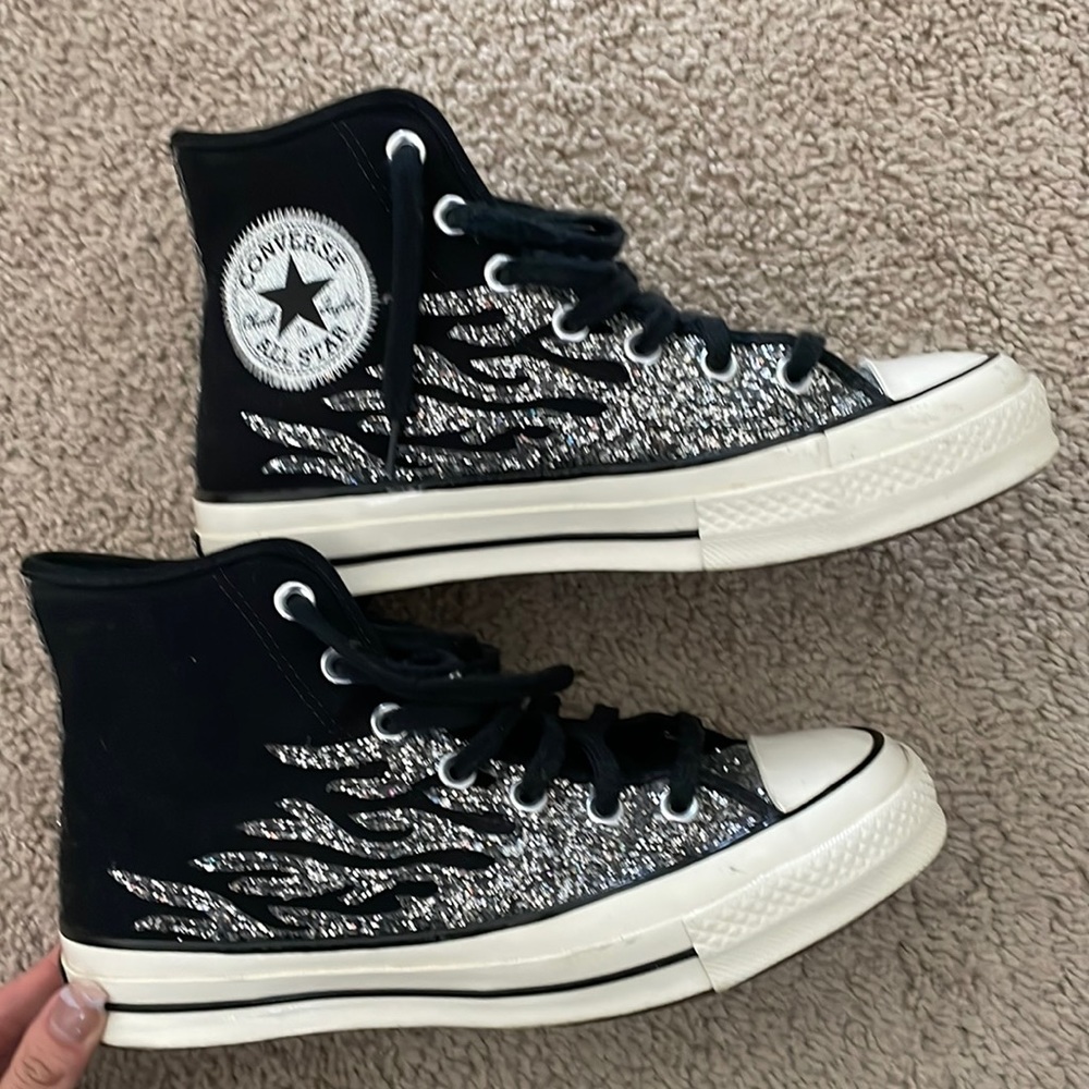 Converse black high tops with flames